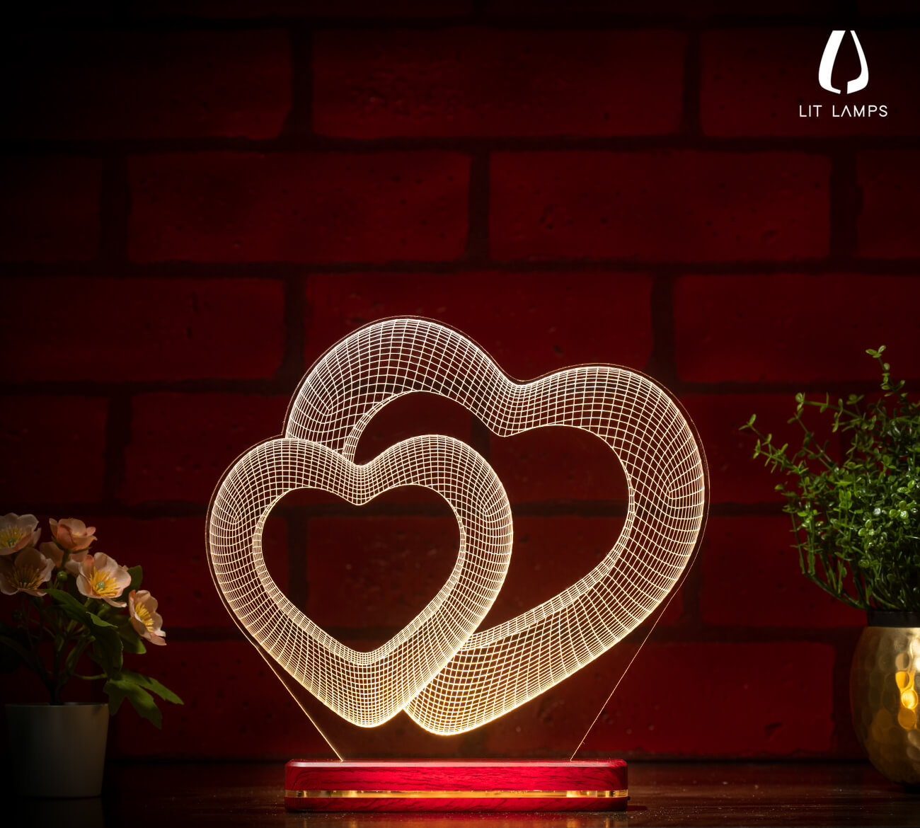 Love 2 Hearts For Couple Valentine LIT 3D Illusion Lamp - LIT Lamps - Heart 3D LED Lamp-3d Lamps
