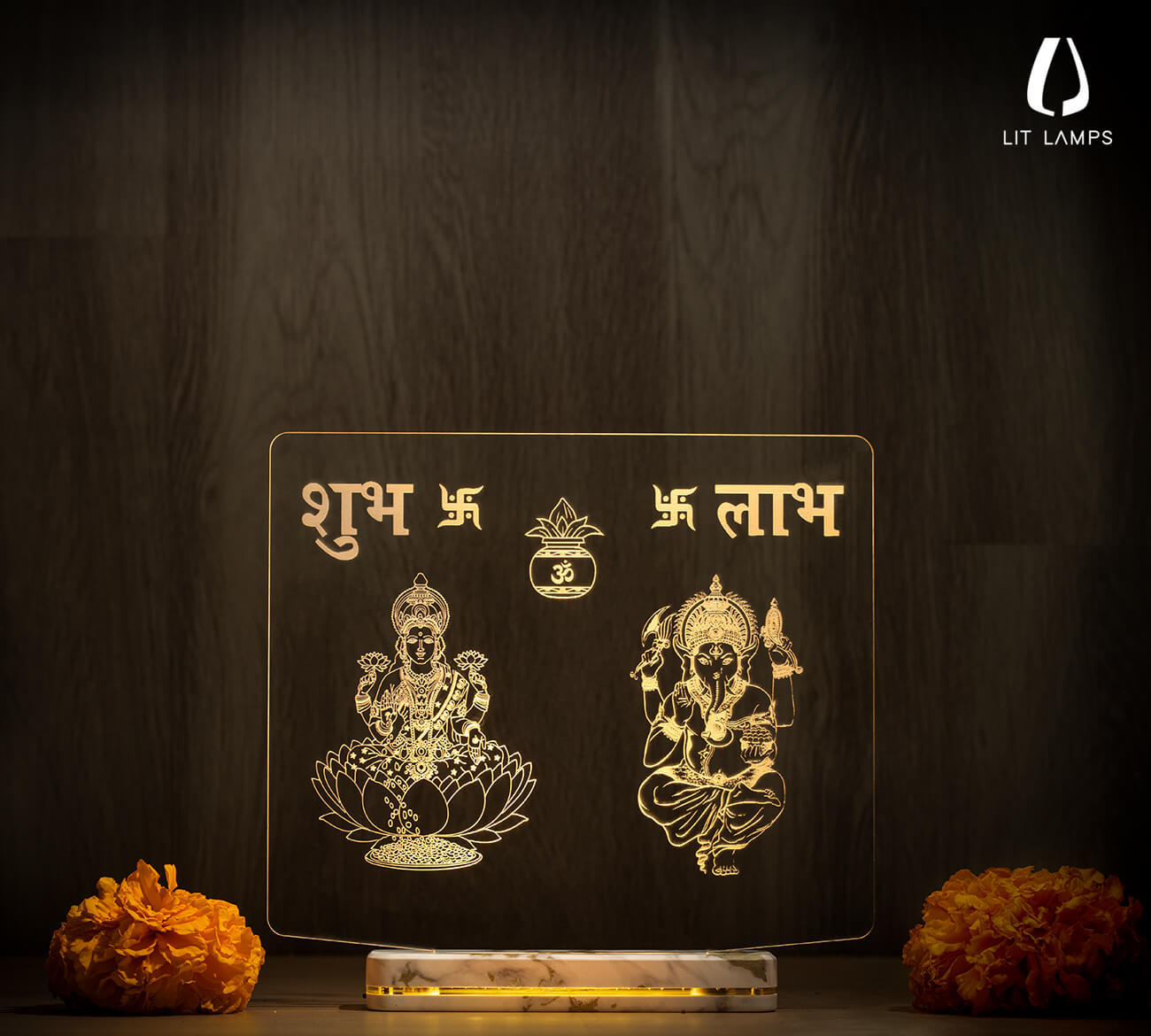 Shubh Labh Photo Laxumi and Ganpati LIT 3D Illusion Lamp - LIT Lamps - Shubh Labh 3D LED Lamp-3d Lamps