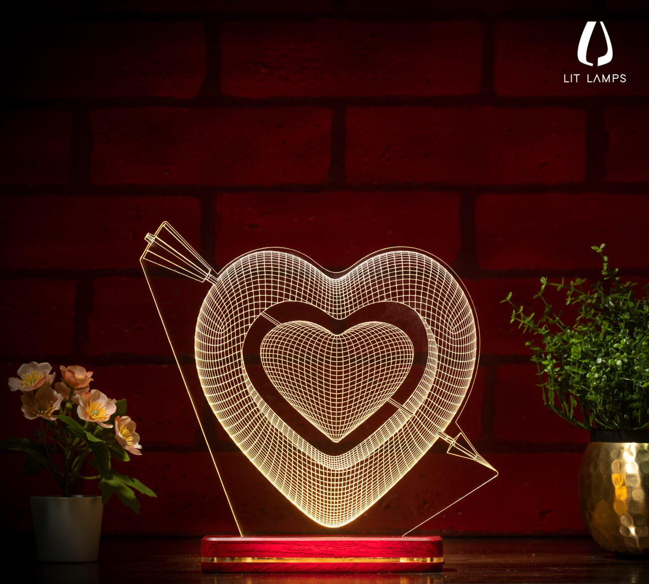 2 Hearts With Arrow For Couple Valentine LIT 3D Illusion Lamp - LIT Lamps - Heart 3D LED Lamp-3d Lamps