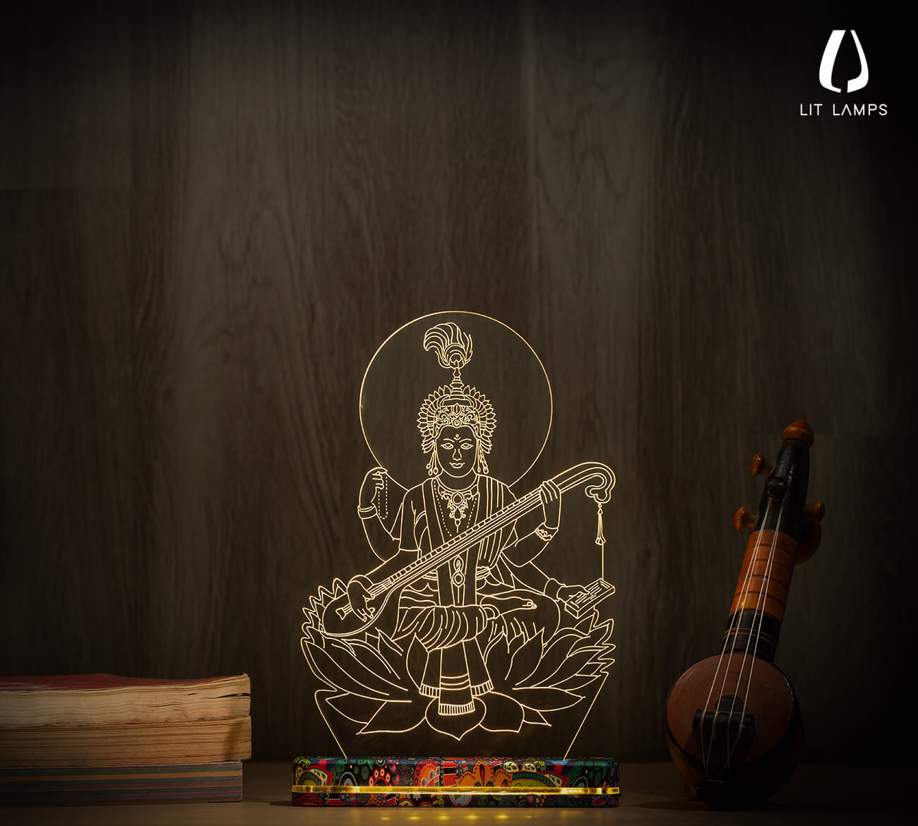 Saraswati Mata Photo LIT 3D Illusion Lamp - LIT Lamps - Saraswati 3D LED Lamp-3d Lamps